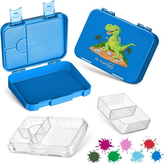 Len bento Box lunchbox voor kinderen, met 4 + 2 vakken, extreem robuust, lunchbox, ideaal voor kinderopvang en school (Blauw, T-Rex)