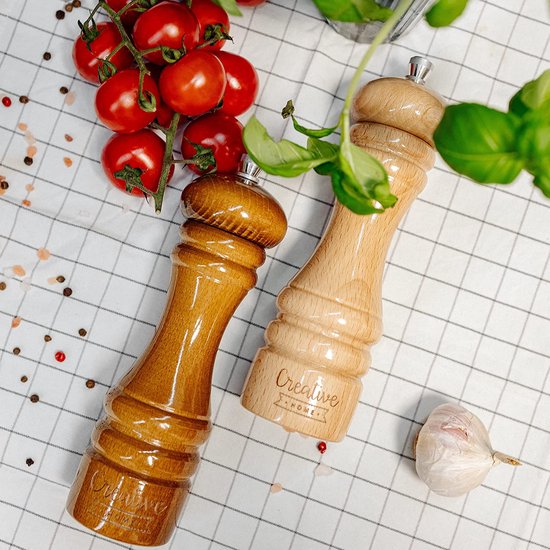 Creative Home Grote Houten Peper en Zoutmolen | Set van 2 met Mini Houten Lepel | 18 x 5 cm | Beukenhout | Handmatig