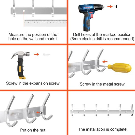 Haaklijst garderobe SUS304 roestvrij staal modern, kledinghakenlijst muur geborstelde look dubbele haken, jashaken kledinghaken met 6 haken, kledinghaken voor keuken, slaapkamer, kantoor