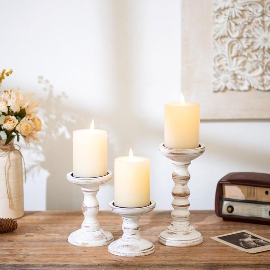 Kaarsenhouder stompkaarsen hout vintage - set van 3 kandelaars voor kaarsen landhuis rustieke landhuisstijl decoratie woonkamer tafeldecoratie herfst lente tafel bruiloft, 10/15/21 cm