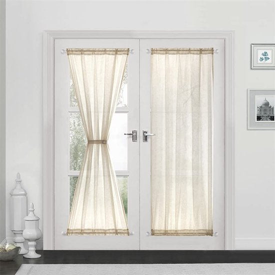 Vitrage linnenlook gordijn, lange moderne effen bistrogordijn, halftransparant deurgordijn, keukengordijnen, korte gordijnen BxH 132 x 183 cm, beige, 1 stuk