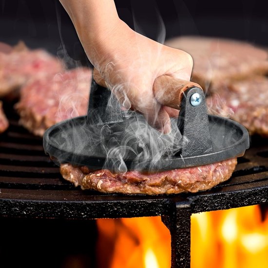 Set van 2 hamburgerpers, gietijzer, hamburgerpers met antiaanbaklaag, rond en rechthoekig, grote hamburgerpers van 1 kg, voor het persen van steaks, hamburgers, spek, worstjes