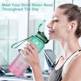 Tritan drinkflessen 1 Liter met BPA-vrij rietje, 1l Waterfles met tijdstempel, lekvrije Sportwaterflessen met scharnierend deksel voor Fitness Gym Yoga Trips