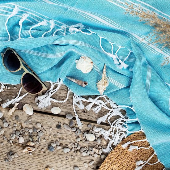 Premium hamamdoek met handgeknoopte franjes, 100% katoen, XXL strandhanddoek, 100 x 200 cm, Oeko-TEX 100, grote strandhanddoek, saunahanddoek en reishanddoek (aqua)