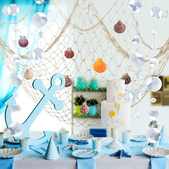 Vissersnet decoratie, natuurlijk visnet, feestdecoraties voor maritieme decoratie, zeemeermin piraten, feest, bruiloft, verjaardagsfeest, katoenen visnet met schelpen, blaas, slingers, beige