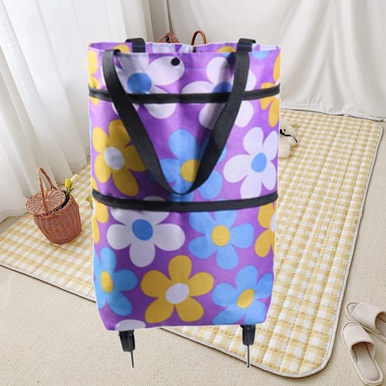 Opvouwbare boodschappentas, inklapbaar, zijvakken, draagbare als boodschappentrolley, draagtas, opvouwbare opbergtas met opvouwbare wasmand, waterproof (pairs bloem)