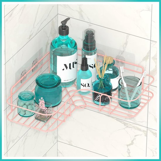 Roze doucheplank zonder boren, shampoohouder voor douche, 4-delige badkamerrekset, roestvrij staal, hoekdoucheplank met 2 haken en zeepbakje voor toilet en slaapzaal