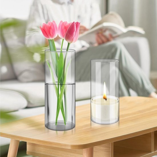 Set van 4 kaarsenhouders, glazen vaas, helder glas, cilinderkaarsenhouder, transparant, stompkaars, vas, bloemenvaas, modern, voor thuis, kantoor