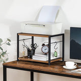 Mobiele printer standaard, 2-laags printerwagen met bovenrek, wagen voor de bovenste berg op het bord met 2 haken en 4 wielen, wagen voor thuiskantoor, rustiek bruin