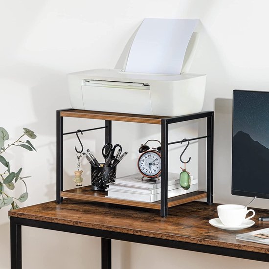 Mobiele printer standaard, 2-laags printerwagen met bovenrek, wagen voor de bovenste berg op het bord met 2 haken en 4 wielen, wagen voor thuiskantoor, rustiek bruin