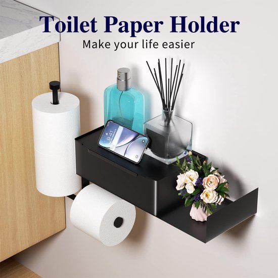 Black Toilet Paper Holder, No Drilling Toilet Paper Holder with Wet Wipes Box, Stainless Steel Paper Holder for Toilet and Bathroom Wall Mount