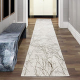 Designer loper tapijt hal & slaapkamer | abstract glanzend takkenpatroon licht donker effect crème, afmeting 80 x 300 cm