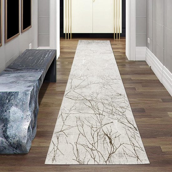 Designer loper tapijt hal & slaapkamer | abstract glanzend takkenpatroon licht donker effect crème, afmeting 80 x 300 cm
