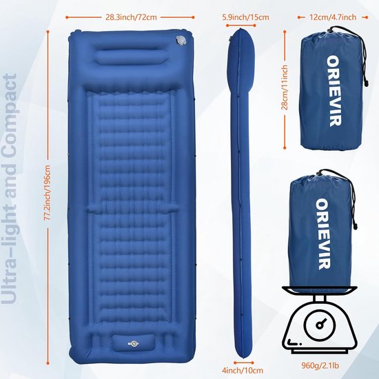 Campingslaapmat, 12 cm verdikte opblaasbare matras met kussen en voetpomp, ultralicht luchtbed, slaapmatten voor wandelen, reizen, dikke buitenslaapmat voor strand, tent,