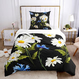 Beddengoedset met ritssluiting, dekbedovertrek 135 x 200 cm, kussensloop van 80 x 80 cm, 2-delig, microvezel, blauw, modern, bloemen, wit, plantenpatroon, eenpersoons
