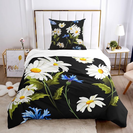 Beddengoedset met ritssluiting, dekbedovertrek 135 x 200 cm, kussensloop van 80 x 80 cm, 2-delig, microvezel, blauw, modern, bloemen, wit, plantenpatroon, eenpersoons