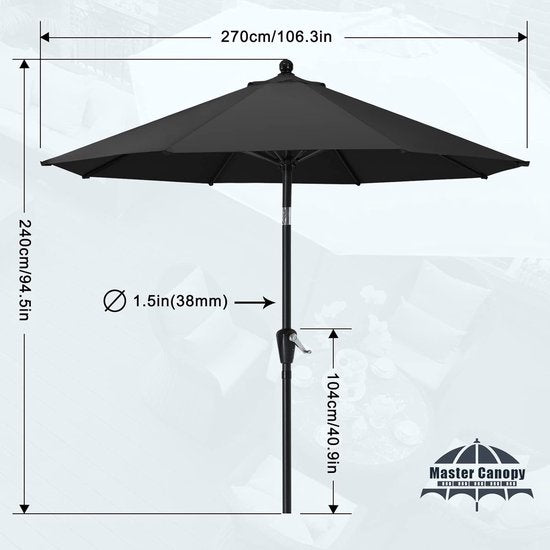 270 cm parasol, patio parasol, tuinparasol, terrasparasol, tafelscherm, martkparasol, 8 ribben, donkergrijs