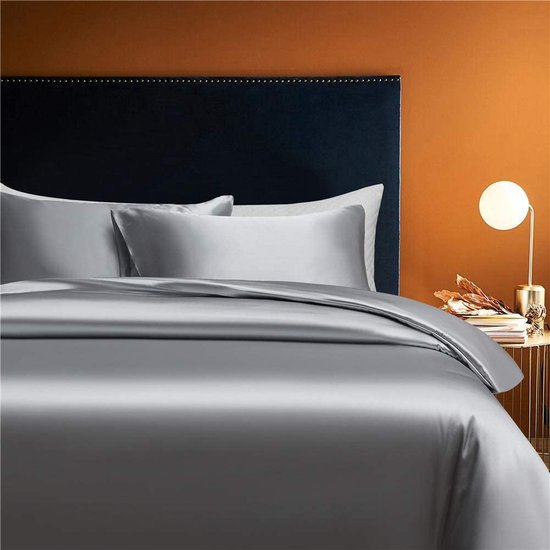 Satijnen beddengoedset, 135 x 200 cm, grijs-eenkleurig, 2-delig, luxe, aangenaam dekbedovertrek met ritssluiting en kussensloop 80 x 80 cm