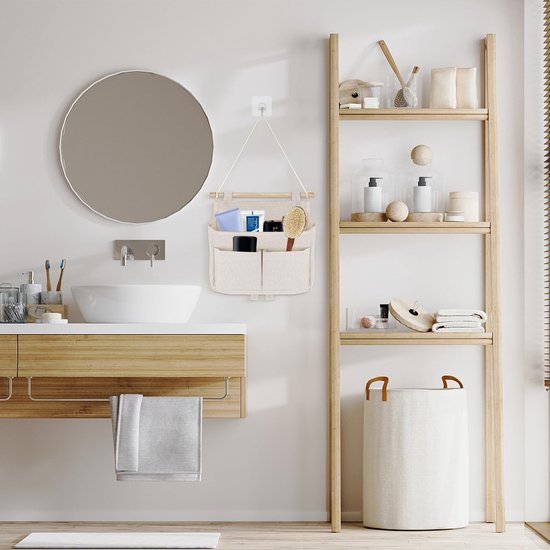 2 stuks hangende opbergtassen, hoge capaciteit, eenvoudig in elkaar te zetten, 3 vakken met kleefhaken, hangorganizer, voor aan de badkamerdeur, hangtas, hangende opslag voor thuis, kantoor, camper (beige)