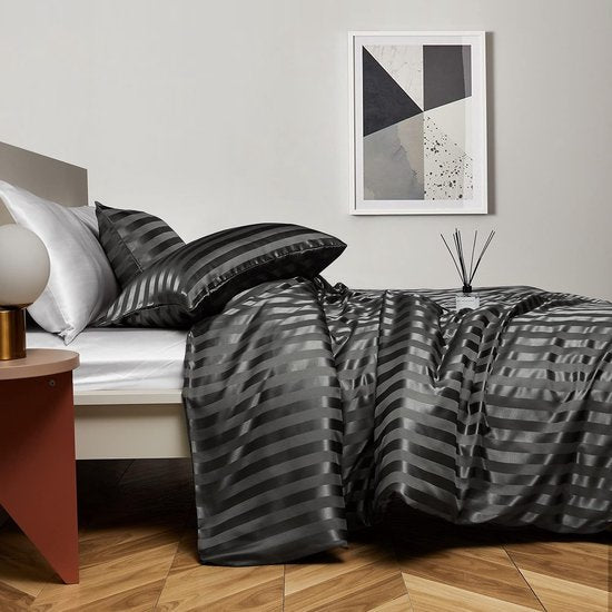 Satijn beddengoed 200 x 200 cm grijs - zijdeglans gestreept beddengoed set 3-delig hoogwaardig luxe dekbedovertrek met verborgen ritssluiting en 2 kussenslopen 80 x 80 cm, grijs