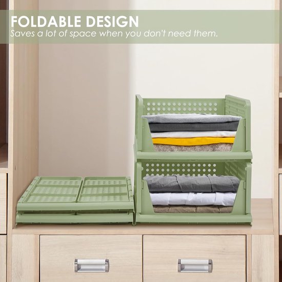 Set van 4 stapelbare opvouwbare opbergdozen voor kledingkast, kunststof kledingkast, kast, organizer, box, uittrekbaar als een lade, geschikt voor thuis, slaapkamer, keuken (groen)