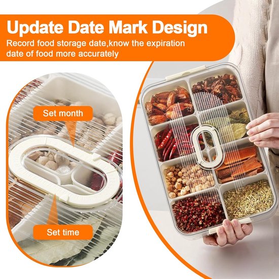 Snackdoos met compartimenten, 2 stuks snackbewaardoos, fruit- en groentebak met 8+4 compartimenten, voedselopslagcontainer voor koelkast en voorraadkast voor snacks, fruit en kruiden.