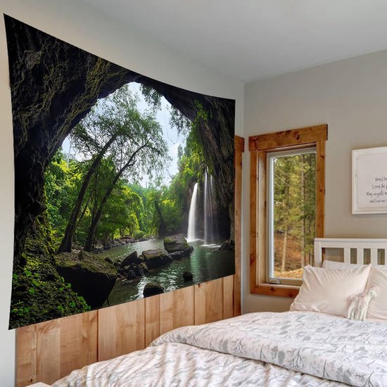 Wanddoek meer, wandtapijt waterval in het bos, wandtapijt grot, wandtapijt rivier, wandtapijt natuur, wandtapijt jungle, zen boom wandtapijt 260x240 cm.