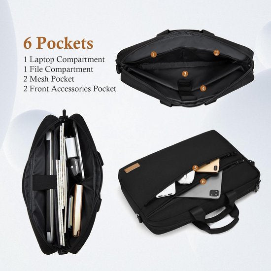 Laptoptas, laptoptas, aktetas, geschikt voor laptops tot 15,6 en 16 inch, uitbreidbare waterdichte schoudertas, draagtas, notebooktas, pc-computertas