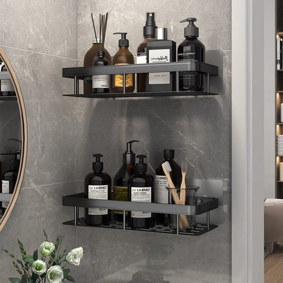 2 stuks doucherek, doucheplank zonder boren, zelfklevend rek douche, waterdicht & roestvrij badkamerrek, lijmrek badkamer met 4 kleefvlakken en 4 haken voor badkameraccessoires, keuken woonkamer