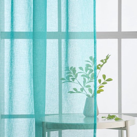 Gordijnen met ruchesband, korte voile raamgordijnen, woonkamer, transparante vitrages, winkelgordijn, slaapkamer, moderne lusgordijnen, set van 2, 140 x 225 cm (b x h), turkoois