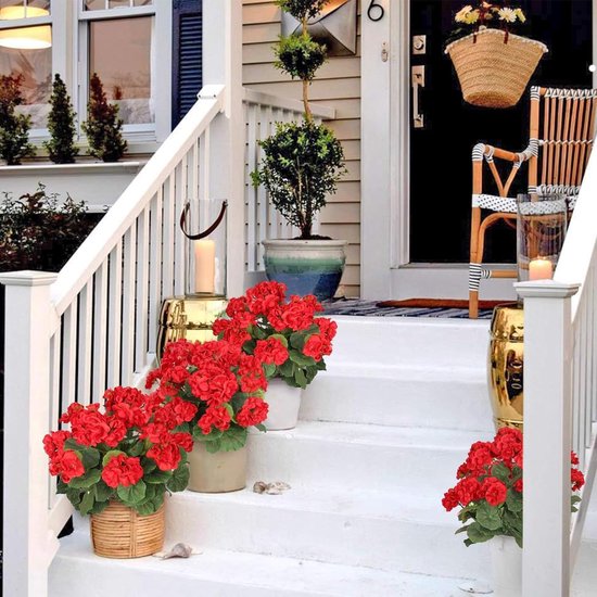 2 bundels kunstbloemen, bloemen geranium decoratieve weerbestendige kunstplanten namaak plastic UV-bestendige bloemen voor bruiloft thuis patio feest tuin tafel decor (rood)