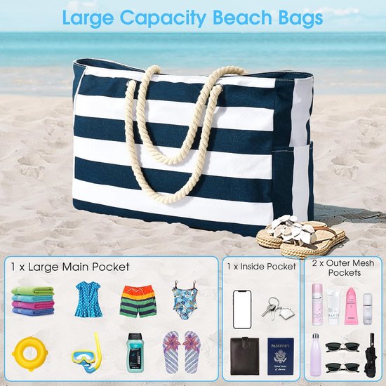 Strandtas, strepen, tote bag, badtas, waterdicht, strandtas, groot, met ritssluiting, shoppertas, strandtas, XXL, familie, boodschappentas, schoudertas, effen tas, reistas, donkerblauw,