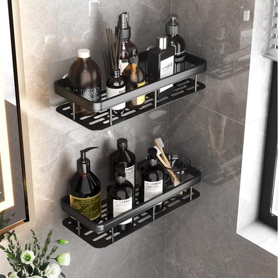 2 stuks doucheplank zonder boren, douchemanden, wandplank met 10 stuks S-haken, douchemand, badkamerrek, zelfklevend, ruimte-aluminium, roestvrij (zwart)