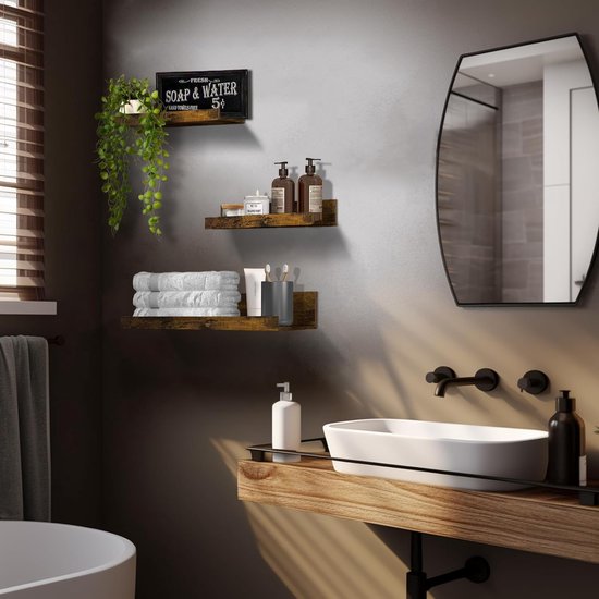 Wandrek, houten rek, 5-delige set, zwevende planken, vintage wandplanken, houten rek voor keuken, kinderkamer, woonkamer