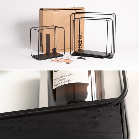 Wandrekset, 3-delig hangrek van metaal en echt hout Veneer, wanddecoratie en plank voor badkamer, woonkamer, keuken, slaapkamer en meer, mat zwart