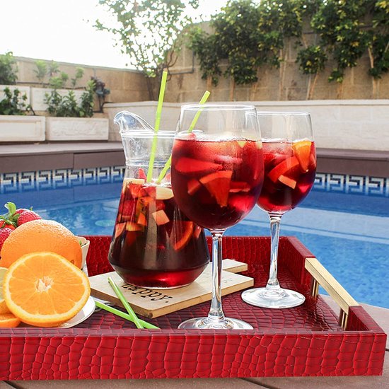 Dienblad van PU-leer, modern, elegant, rechthoekig, decoratief dienblad met metalen handvat, grote capaciteit, lederen serveerplaat voor eten, dranken, sieraden, sleutels, woonkamer, keuken, ijdelheid (karmijnrood)