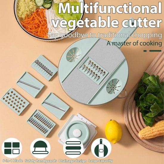 6-in-1 groentesnijder, uiensnijder, groenteschaaf, fruitsnijder, groentesnijder, handmatig, bloksnijder met 6 verwisselbare messen voor wortel, komkommer, aardappel, pompoen, courgette
