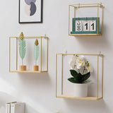 Set van 3 metalen wandplanken, Europees geometrisch lijndesign, wandrek met houten planken, industrieel design, zwart/goud, zwevend rek voor slaapkamer, woonkamer, hal (goud)