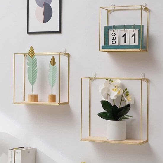 Set van 3 metalen wandplanken, Europees geometrisch lijndesign, wandrek met houten planken, industrieel design, zwart/goud, zwevend rek voor slaapkamer, woonkamer, hal (goud)