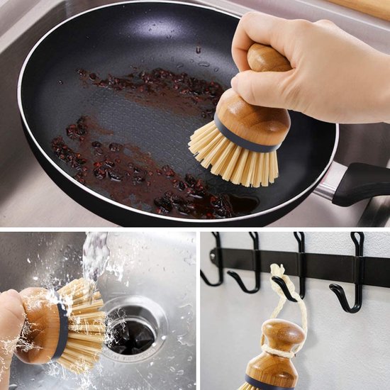 Afwasborstelset, 3-delige bamboeborstel met lange steel, schone schrobborstel voor pannen, potten, gootsteenreiniging