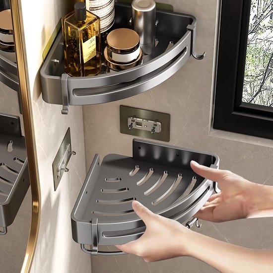 Shower Shelf No Drilling, Shower Shelf Corner Bathroom Accessories with 4 Hooks, Aluminium Shower Shelf, Bathroom Shelf, No Drilling for Kitchen, Bathroom, Shower Basket for Hanging, Pack of 2