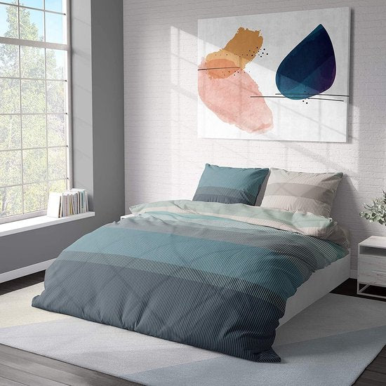 Beddengoed 135 x 200 cm, 2-delig dekbedovertrek - beddengoedsets 135 x 200 cm met 1 kussensloop 80 x 80 cm, ademend katoen met ritssluiting, blauw-lichtblauw, zacht en strijkvrij