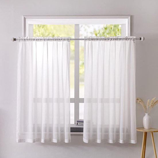 Vitrage bistrogordijn, wit, halftransparante gordijnen, set van 2 bistrogordijnen, voile transparant, kort voile gordijn met lussen, privacy, raamgordijn, decoratie voor woonkamer, keuken