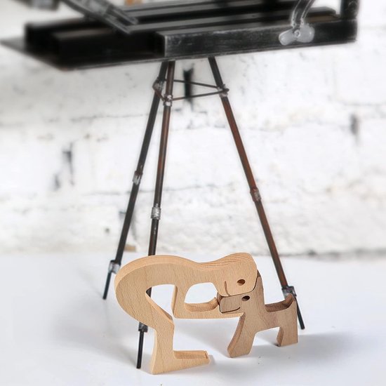Familie Puppy Kat Houtsnijwerk Ornamenten, Natuurlijk Massief Hout Schattige Puppy, Kitten en Mensen Ambachten Standbeeld Sculptuur Ornament Home Decor (Mannen Kiss Puppy)