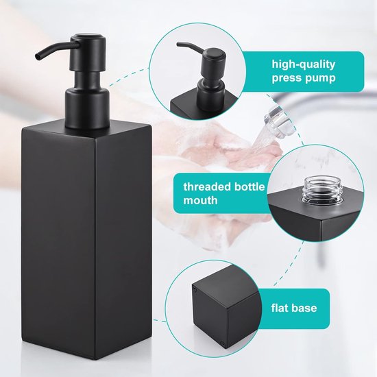Zeepdispenser, zwart, roestvrij staal, afwasmiddeldispenser, 350 ml, navulbaar, gemakkelijk in te drukken, pompfles, vrijstaand, vloeibare zeepdispenser, lotionfles voor keuken en badkamer, 6 x
