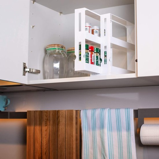 Kruidenrek, uittrekbaar, wit, draaibaar opbergsysteem voor specerijen en medicijnen, ruimtebesparend nisrek van kunststof, ideaal als kastinzet in keuken en badkamer, 27,5 x 10,5 x 28 cm