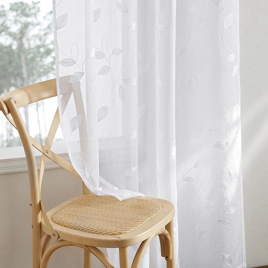 woonkamergordijnen, transparante voile gordijnen met oogjes, set van 2, H 245 x B 132 cm, linnenlook gordijnen met borduursel, wit transparant gordijn met bladmotief
