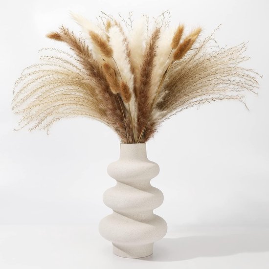 Vaas voor pampasgras, wit, keramische vaas, moderne decoratieve kunstvaas, handgemaakte vaas, mat, donut, spiraal