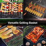 Grillmand van roestvrij staal Opvouwbare grillmand met afneembaar handvat Draagbaar grillrooster voor vis, steak, groenten, garnalen, inclusief deegborstel en opbergtas (32 x 22 cm)