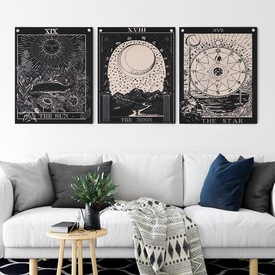 Tarot Wandtapijt, set wandtapijten, zon, maan, ster, wanddoek met nagels, katoenen linnen, natuurlijke wandbekleding, sterrenbeeld, wanddecoratie, voor woonkamer, zwart-wit, 40 x 50 cm